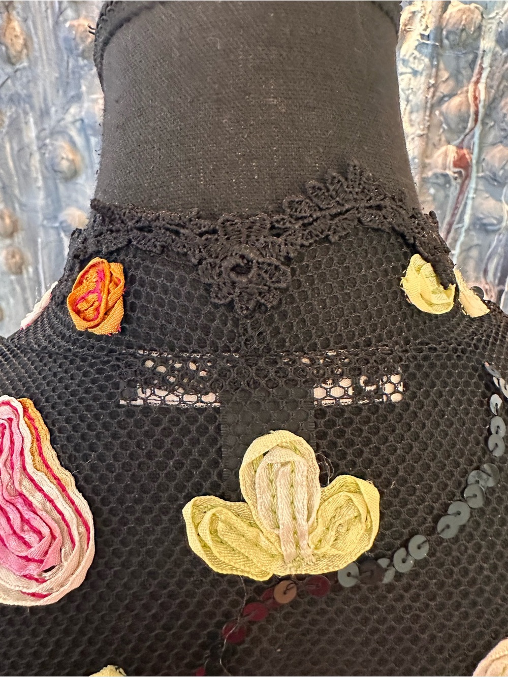 ⭐️ Black Sheer Mesh Cardigan with Pink, Yellow & Orange Appliqués - Picture 9 of 12